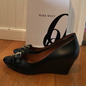 Nine West Black Leather Wedge Heels